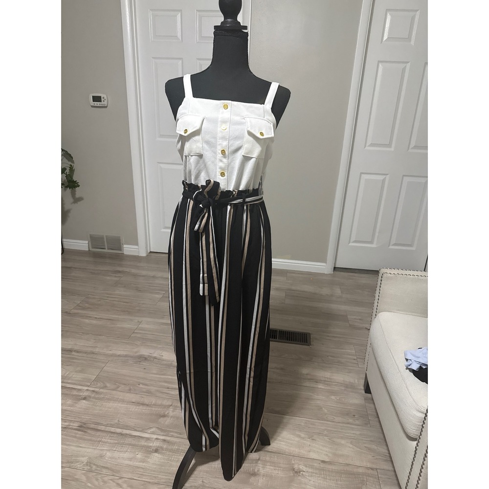 Justify Womens Striped Wide Leg Jumpsuit White Black Paperbag Waist Size M